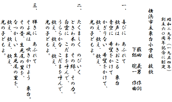 　　　昭和二九年（一九五四年）
　　　創立六〇周年記念に制定

　横浜市立東台小学校　校歌

　　　　　　　　薮田　義男　作詞
　　　　　　　　下総　晥一　作曲

一． 喜びに　あふれて
　　 歌声は　わきおこる　東台
　　 青空に　希望をかけて
　　 かぎりない　希望をかけて、
　　 歌え、歌え、歌え、
　　 光の子供よ。

二． たくましく　のびゆく
　　 ときわ木の　その緑、その力。
　　 白雲に　こだまを呼んで、
　　 歌え、歌え、歌え、
　　 光の子供よ。

三． 輝きに　あふれて
　　 そよ風は　吹きかけよう　東台。
　　 その昔、　生見尾の里を、
　　 なつかしい、生見尾の里を、
　　 歌え、歌え、歌え、
　　 光の子供よ。
