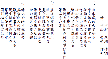 　　　　　　中村　星湖　作詞
　　　　伝、中山　晋平　作曲

一、日本武の大皇子が
　　東を治らす道すがら
　　御船よそいて渡りたる
　　海はこの海みんなみに
　　ほの紫きの島影を
　　浮かべて広く湛えたる
　　（繰り返し）
　　海近き生見尾の村の学び舎に
　　学ぶ身の幸

二、東は総持寺鶴見川
　　北に連なる富士見台
　　夏なお残る白雪の
　　光まばゆき眺めかな
　　海道筋を西させば
　　かの文久の変の跡

三、緑いや増す松原の
　　英吉利人の碑に
　　敬宇が書きし海ぎわを
　　浸すは世界の国々の
　　岸辺を浸す同じ水
　　同じ心に学ばはや