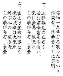 　　　昭和一九年ごろ歌ったという
　　　作詞者、作曲者ともに不明

一、　工都鶴見の丘高く　
　　　西に霊峰富士を負い
　　　東に金港　波光る　
　　　この學び舎ぞ　東臺

二、　富士は皇國の姿なり　
　　　光る波路大東亜
　　　結ぶ心の　広き海　
　　　この學び舎ぞ　東臺